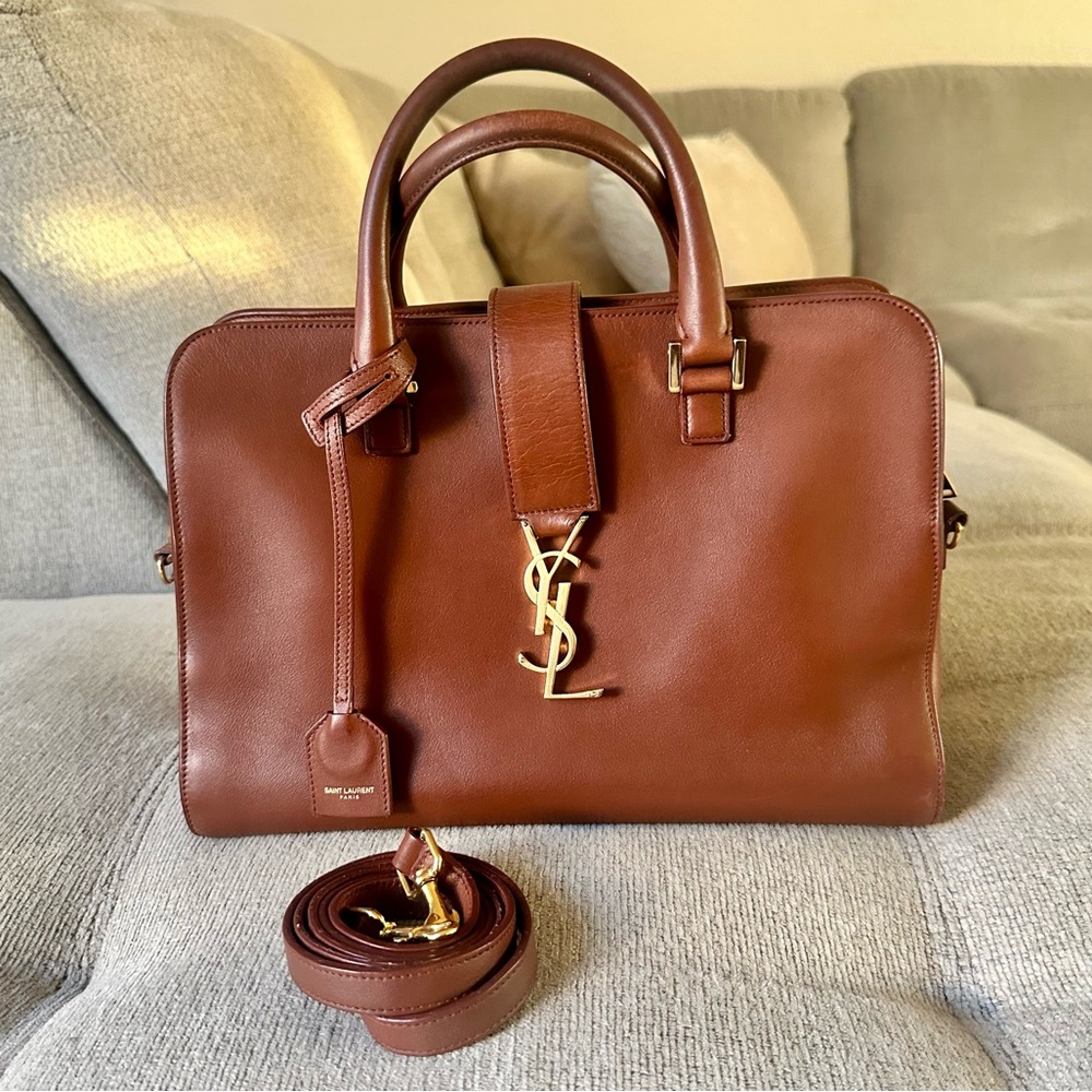 Yves Saint Laurent Rare Brown Tan Gold Medium Cabas satchel 2way shoulder bag